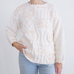 Vintage Sympatico Sportswear Cream w Peach Cable Knit Hearts Floral Sweater S